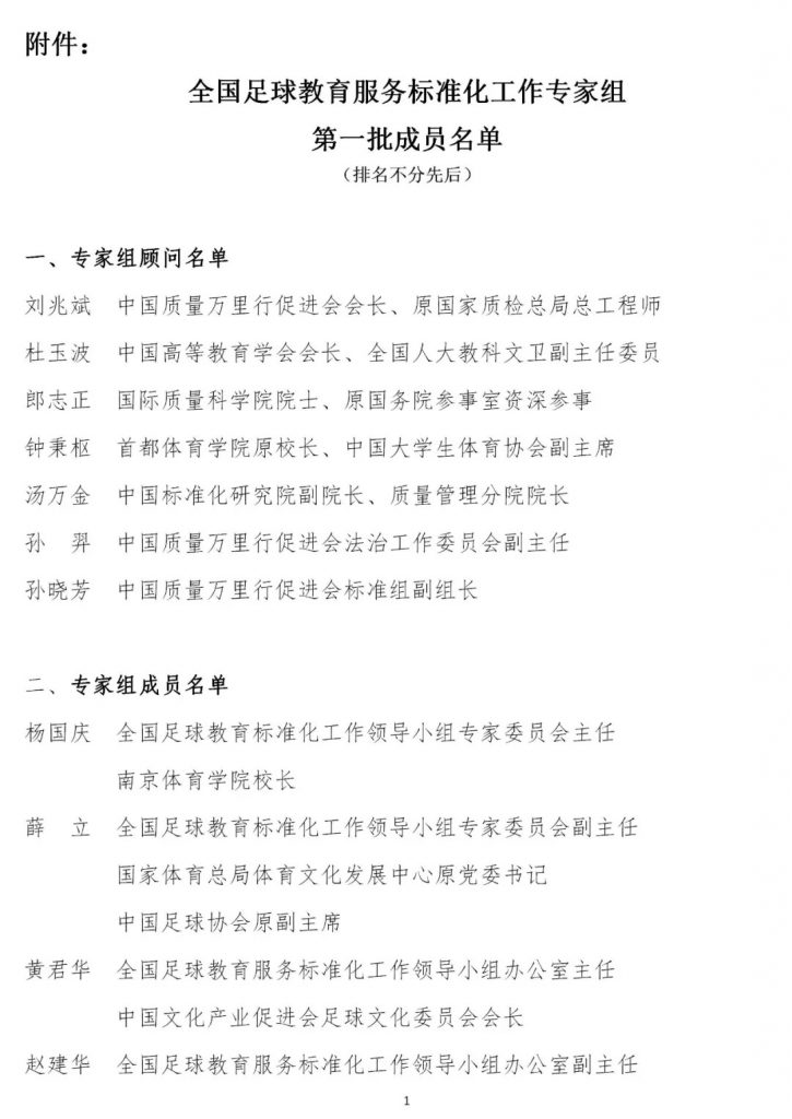 关于公布全国足球教育服务标准化工作专家组  第一批成员名单的通知